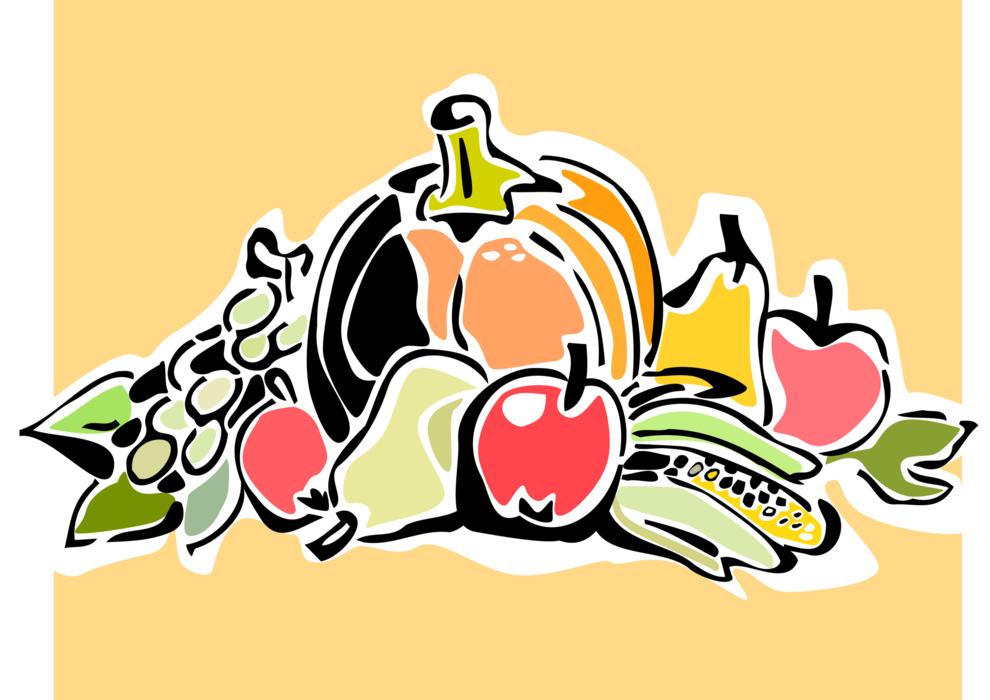Vector Illustration of Bountiful Farm Fall Autumn Harvest Fruits and Vegetables
