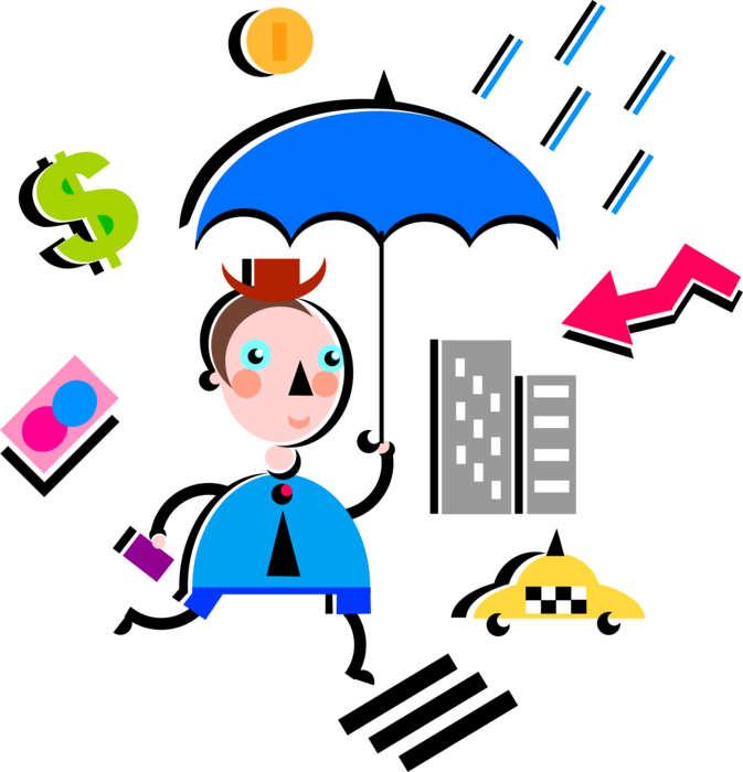 Vector Illustration of Businessman with Insurance Coverage Umbrella Walks to Work Carefree from Accident Risk