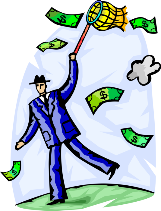 Vector Illustration of Businessman Chases and Catches Cash Money Dollar Profits with Butterfly Net