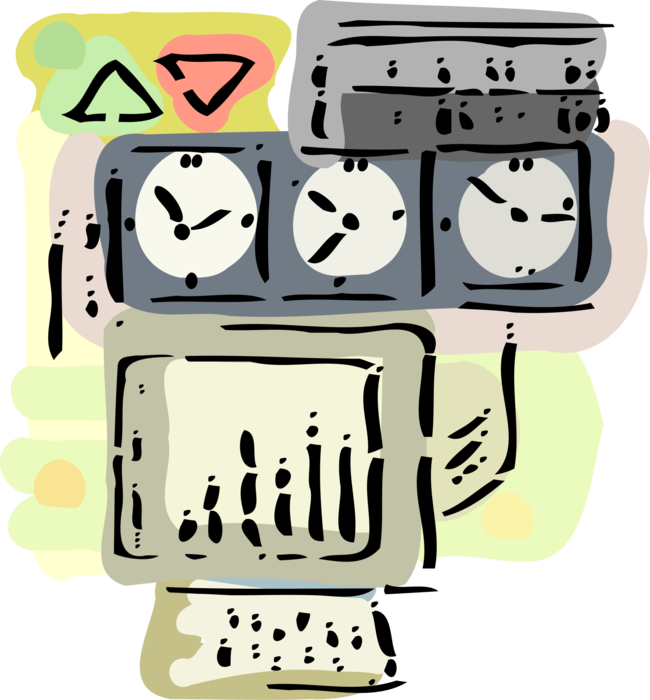 Vector Illustration of International Stock Market Wall Clocks and Investment Symbols