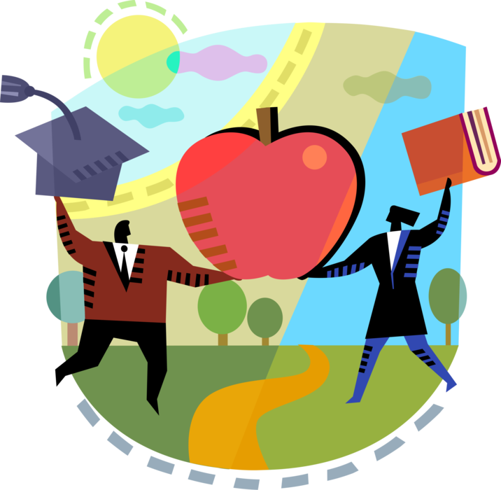 Vector Illustration of College, University Graduating Students with Mortarboard Cap, Schoolbook Textbook, Apple Symbol of Knowledge