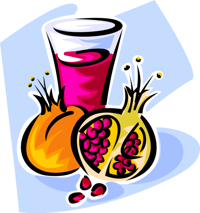Vector Illustration of Pomegranate Edible Fruit Berry Filled with Seeds Great Source of Antioxidants with Juice Glass