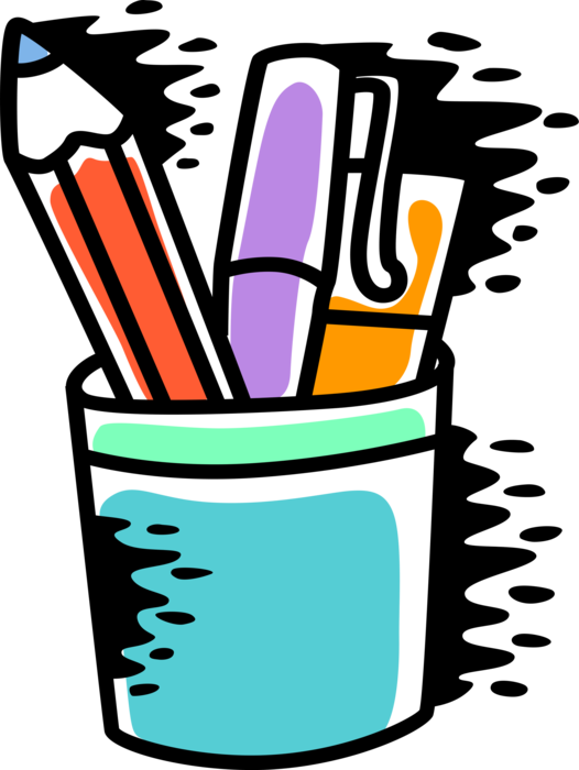 Vector Illustration of Pencil and Pen Writing Instruments in Desk Cup Holder