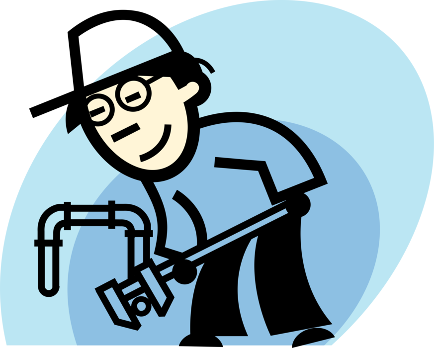Vector Illustration of Asian Plumber Tightens Plumbing Bolt with Wrench