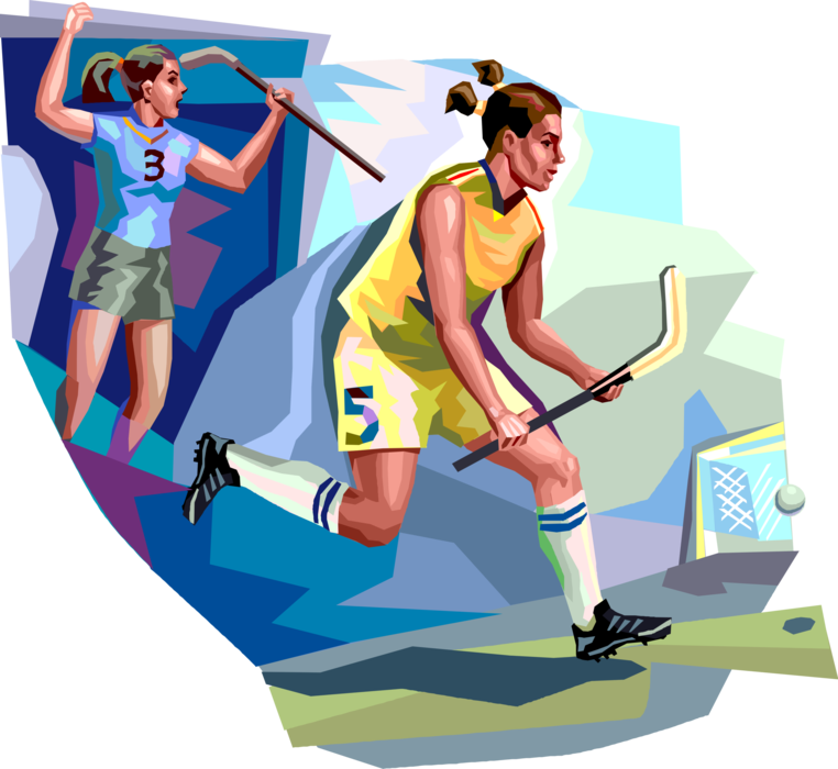Vector Illustration of Team Sport of Field Hockey Champion Player with Stick and Ball Scores on Net and Wins Game