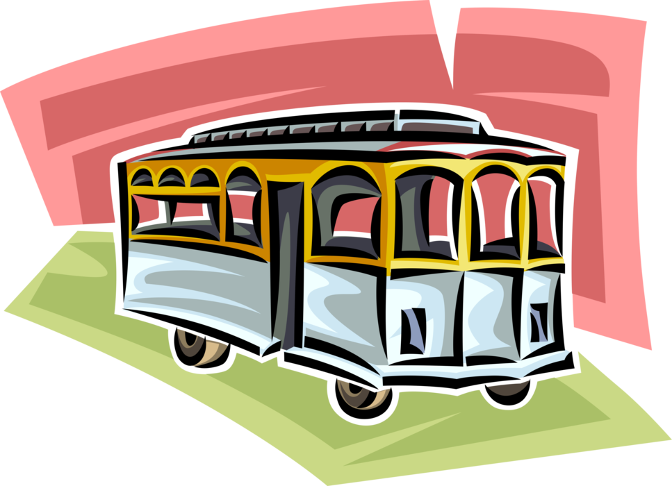 Vector Illustration of Electric Streetcar Tram Trolley Runs on Tracks Along Public Urban Streets