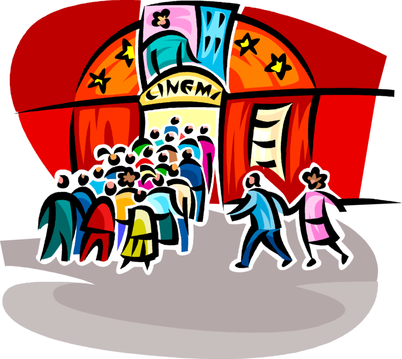 Vector Illustration of Cinema Movie Theatre or Theater Entrance Lineup, Line Up or Line-up Queue of Patrons