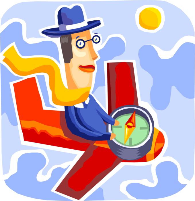 Vector Illustration of Businessman Pilot Flies Aircraft Airplane with Navigation Compass