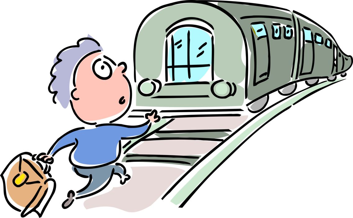Vector Illustration of Travel Passenger Runs to Catch Railroad Rail Transport Speeding Locomotive Railway Train