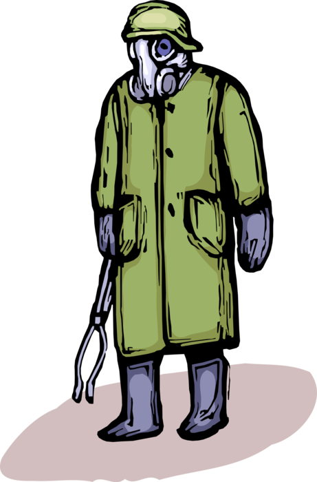 Vector Illustration of Homeland Security Personnel in Toxic Chemical Weapons Protective Suit and Gas Mask