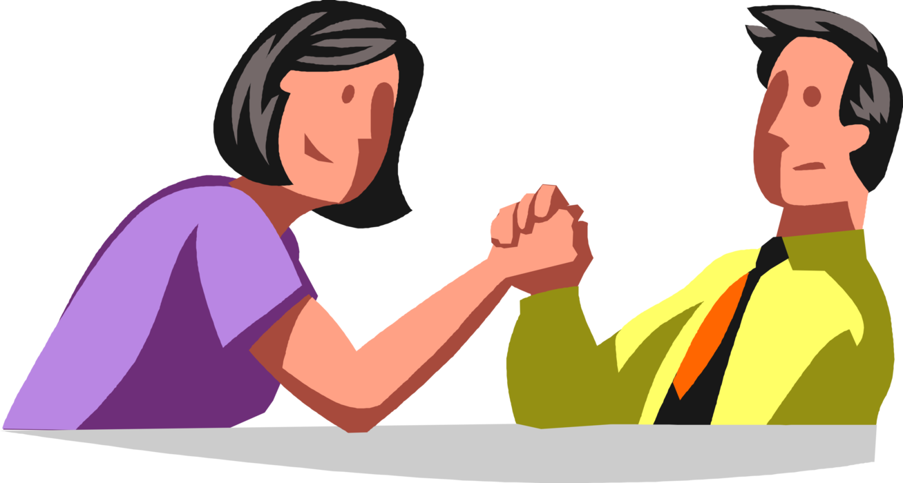 Vector Illustration of Businessman and Businesswoman Competitors Locked in Arm Wrestling Match 