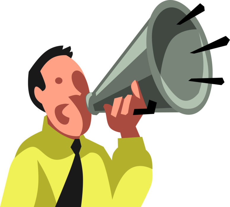 Vector Illustration of Businessman Makes Important Announcement with Megaphone or Bullhorn to Amplify Voice