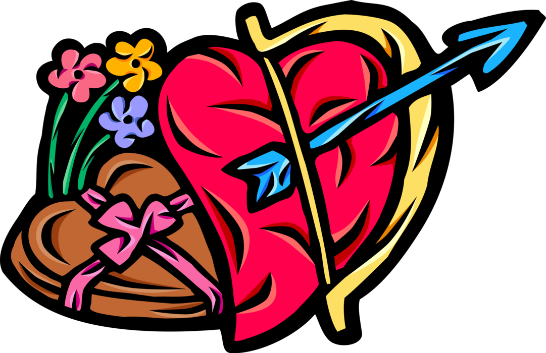 Vector Illustration of Valentine's Day Sentimental Cupid's Bow and Arrow with Love Heart, Gift Chocolates and Flowers