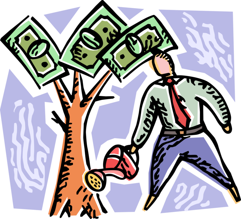 Vector Illustration of Businessman Waters Cash Dollars Financial Money Tree with Watering Can