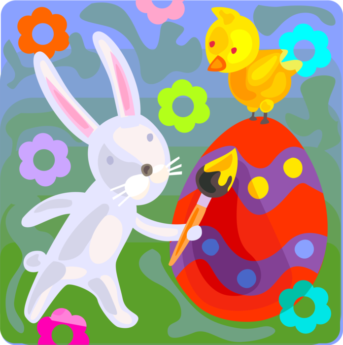 Vector Illustration of Pascha Easter Bunny Rabbit Paints and Decorates Easter Egg with Paintbrush, Yellow Chick Bird