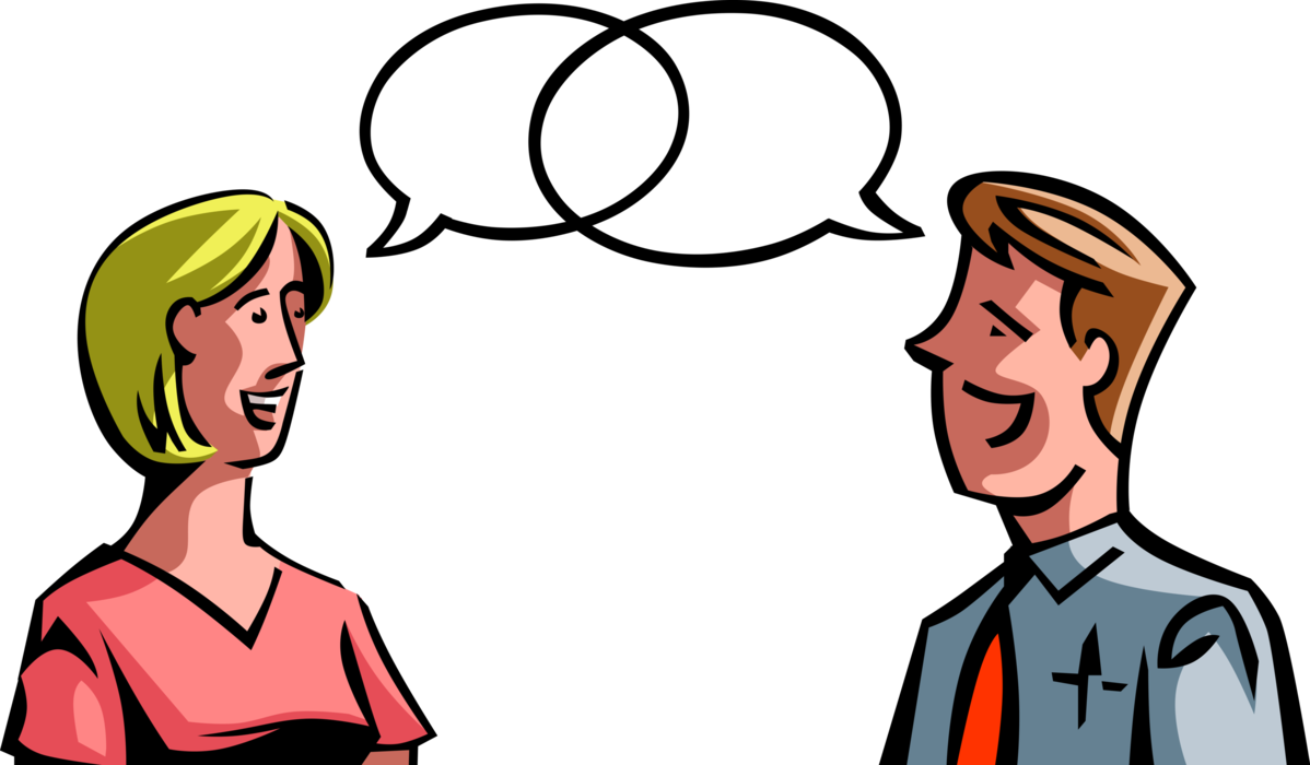 Vector Illustration of Man and Woman Exchange Information in Conversation with Communication Balloons