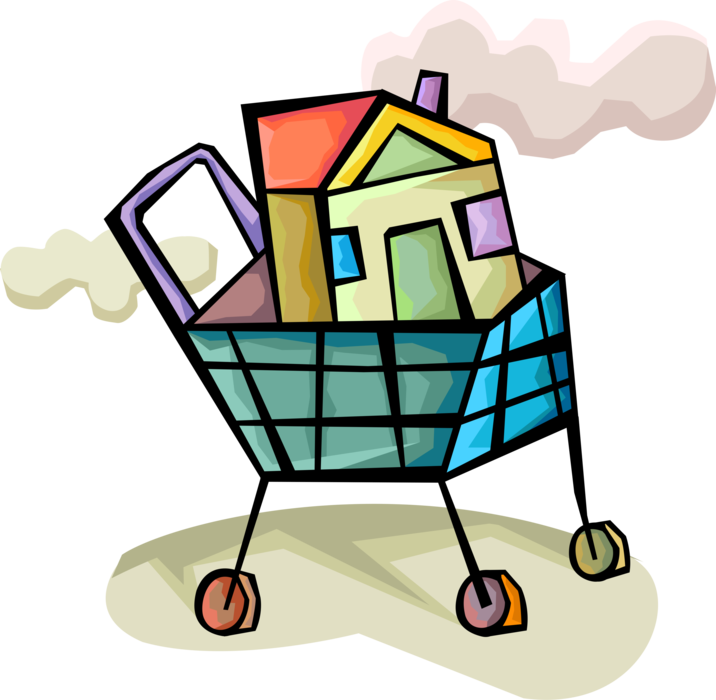 Vector Illustration of Buying Real Estate in Housing Market with Family Home Residence in Shopping Cart