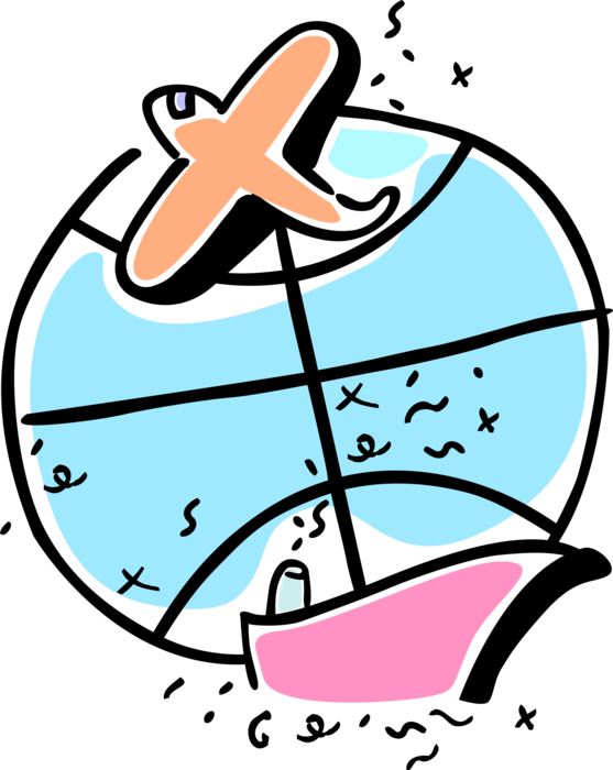 Vector Illustration of International Modes of Transportation with Commercial Airline Passenger Jet Aircraft Airplane and Vessel Ship