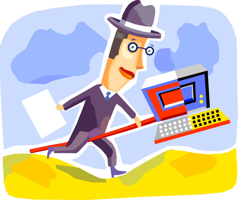 Vector Illustration of Businessman Rides Hobby Horse Notebook Computer