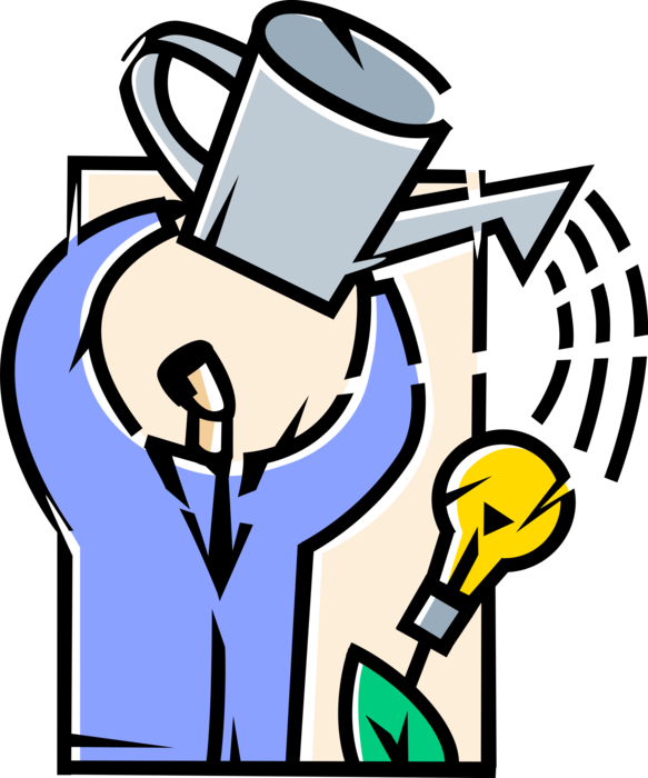 Vector Illustration of Businessman Nurtures Electric Light Bulb Symbol of Invention, Innovation, and Good Ideas with Watering Can