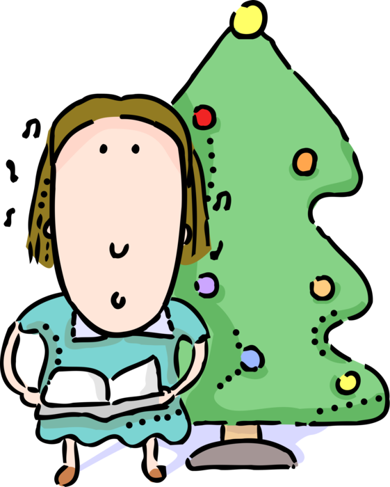 Vector Illustration of Caroler Sings Carols at Evergreen Christmas Tree with Ornament Decorations