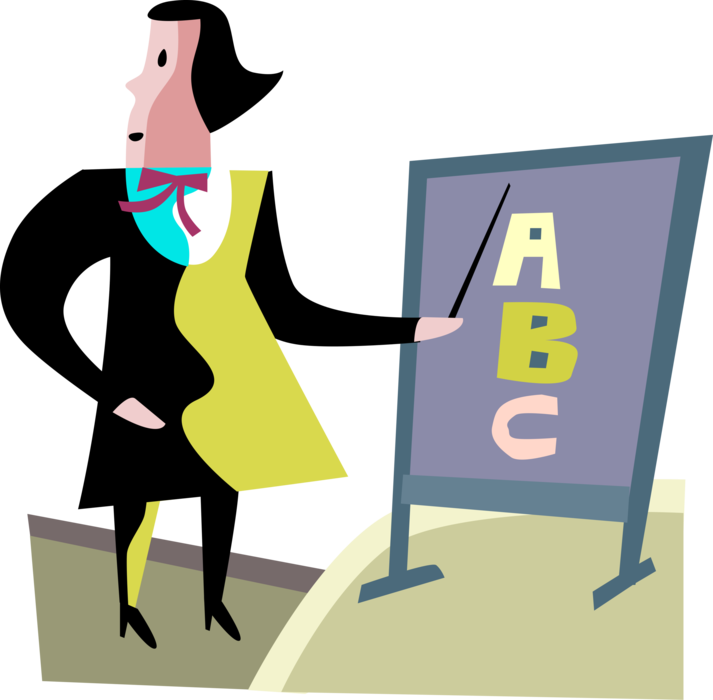 Vector Illustration of Teacher in School Classroom Teaches Reading and Writing ABC's at Blackboard Chalkboard