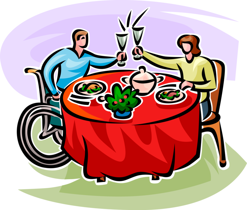 Vector Illustration of Handicapped or Disabled Date in Wheelchair Proposes Toast Over Restaurant Dinner