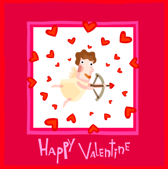 Vector Illustration of Valentine's Day Greeting Card with Cupid God of Desire and Erotic Love with Archery Bow and Arrow and Hearts