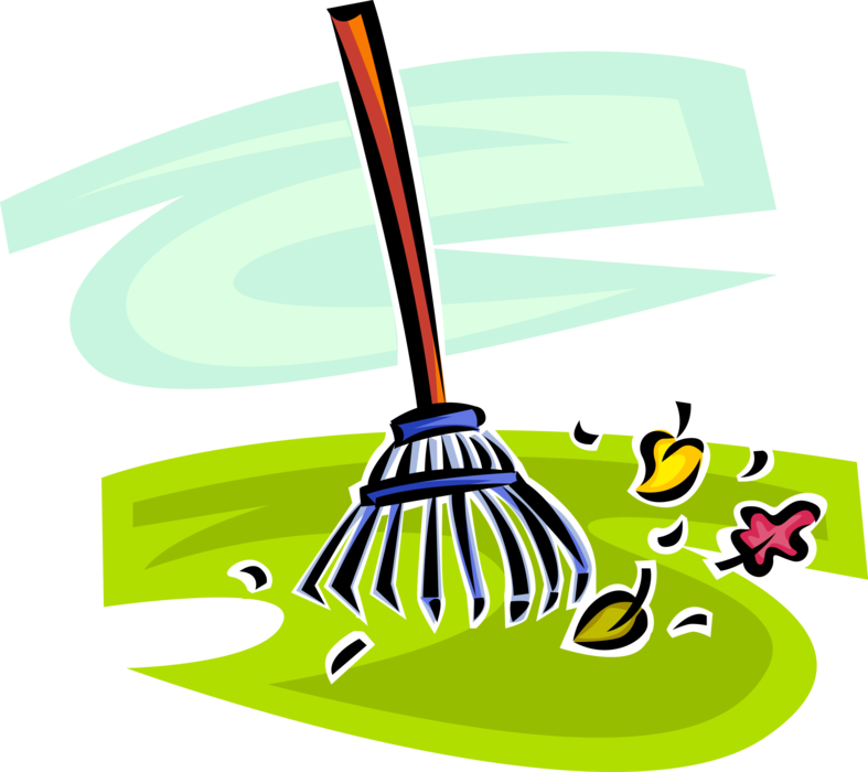 Vector Illustration of Garden Rake Cleans Leaves and Debris in Yard