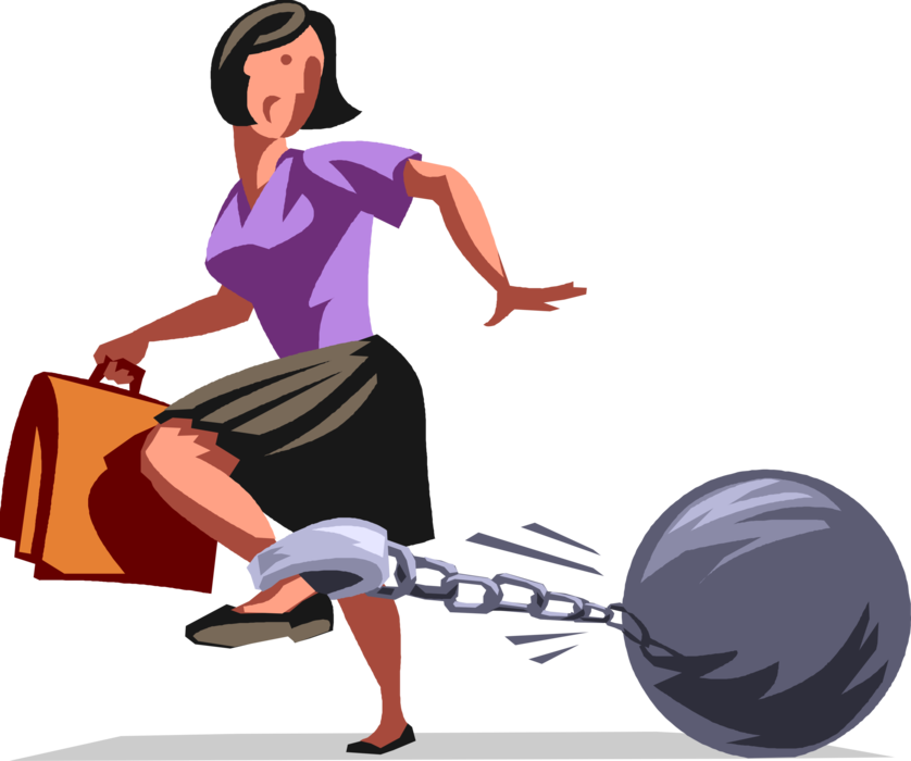 Vector Illustration of Restrained Businesswoman Drags Legcuffs Physical Ankle Restraints Ball & Chain