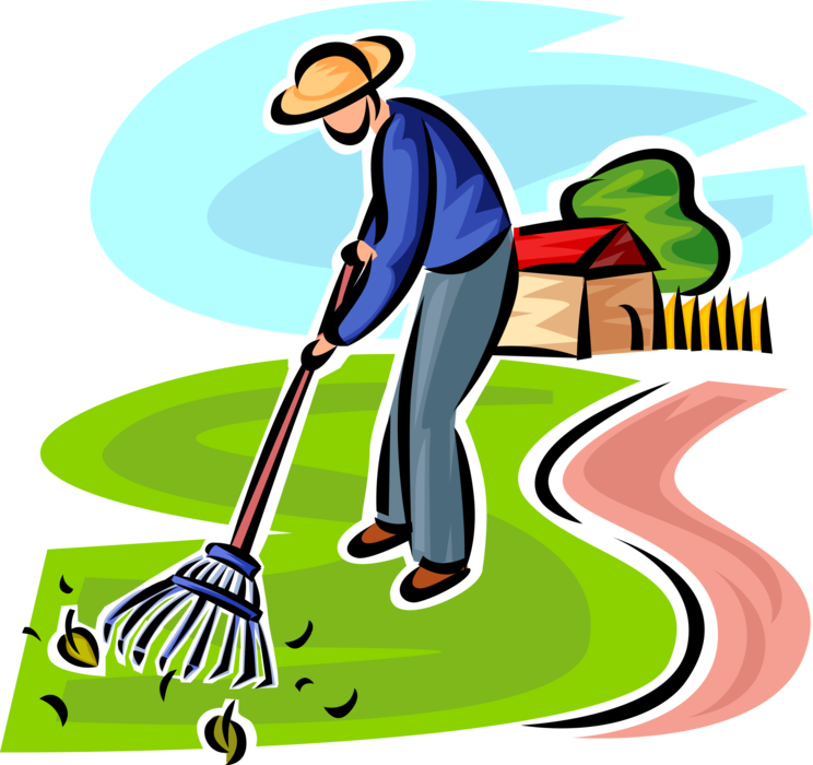Vector Illustration of Lawn Care Worker Raking Leaves and Debris with Garden Rake