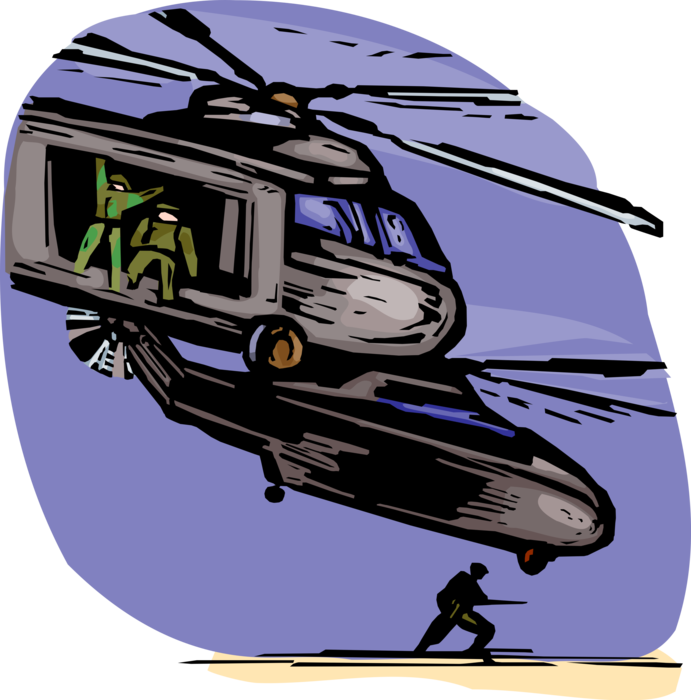 Vector Illustration of Heavily Armed United States Navy Seals Conduct Special Operations Mission with Helicopters