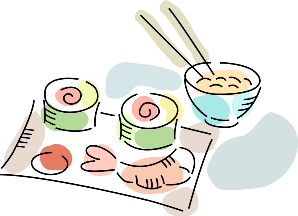 Vector Illustration of Japanese Sushi with Ebi Prawn Shrimp and Rice Bowl with Chopsticks
