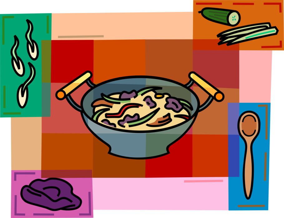 Vector Illustration of Chinese Cuisine Stir Fry Wok Dinner with Chopsticks, Bean Sprouts, Cabbage, and Vegetable Cucumber