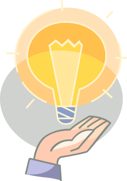 Vector Illustration of Hand with Electric Light Bulb Symbol of Invention, Innovation, and Good Ideas