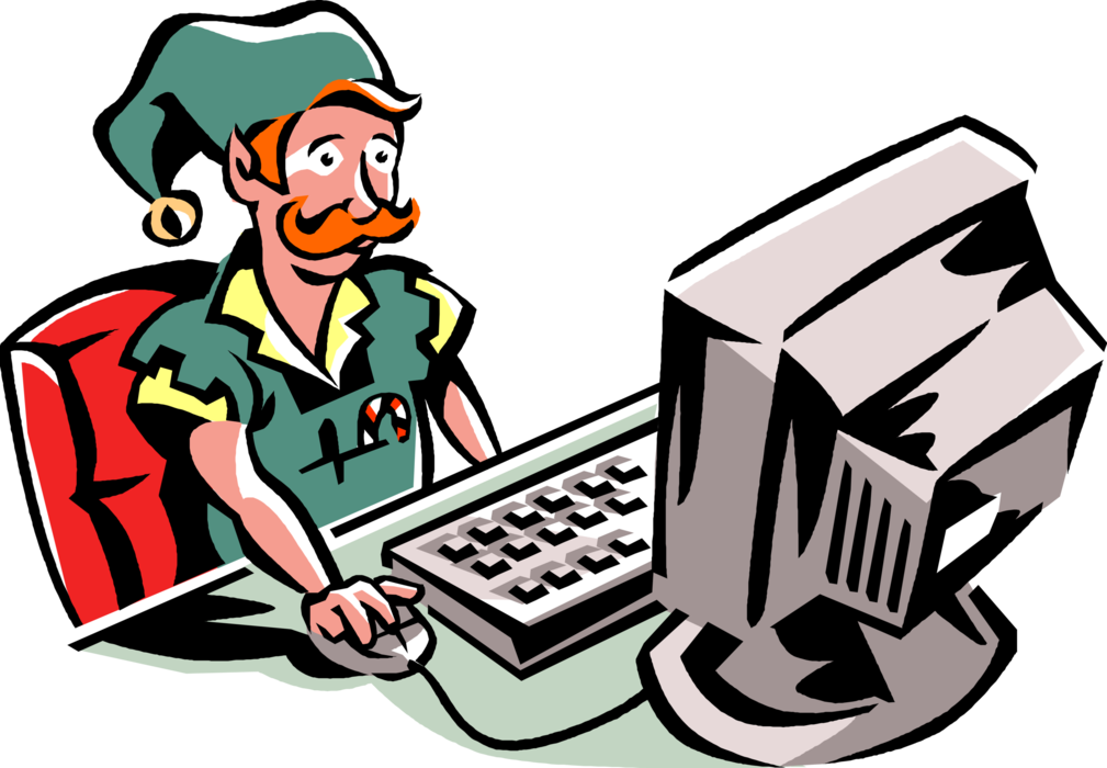 Vector Illustration of Santa Claus Workshop Elf Works at Desktop Personal Computer
