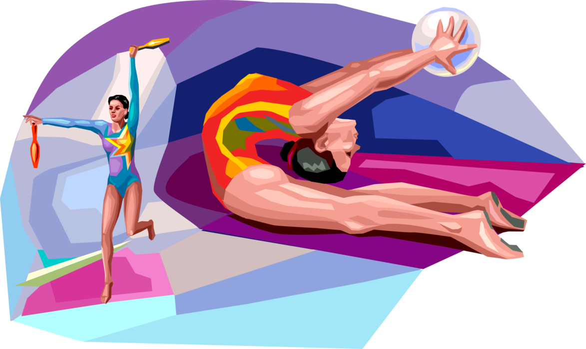 Vector Illustration of Rhythmic Gymnastics Gymnasts Perform Routine with Ball and Clubs