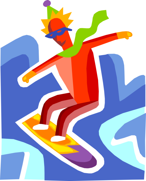 Vector Illustration of Snowboarder Rides Snowboard Down Mountain Slopes at Winter Ski Resort