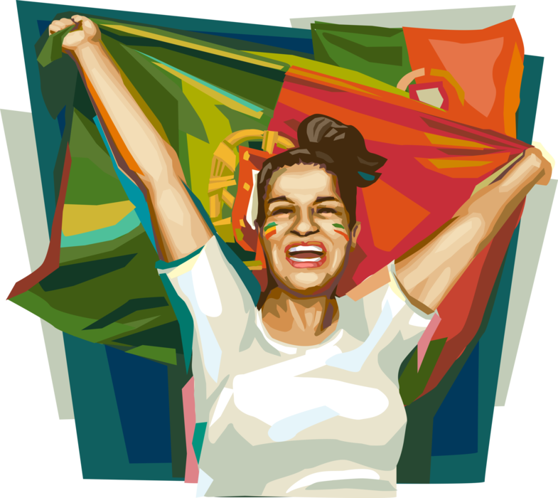 Vector Illustration of Enthusiastic Portuguese Football Fan with Flag of Portugal