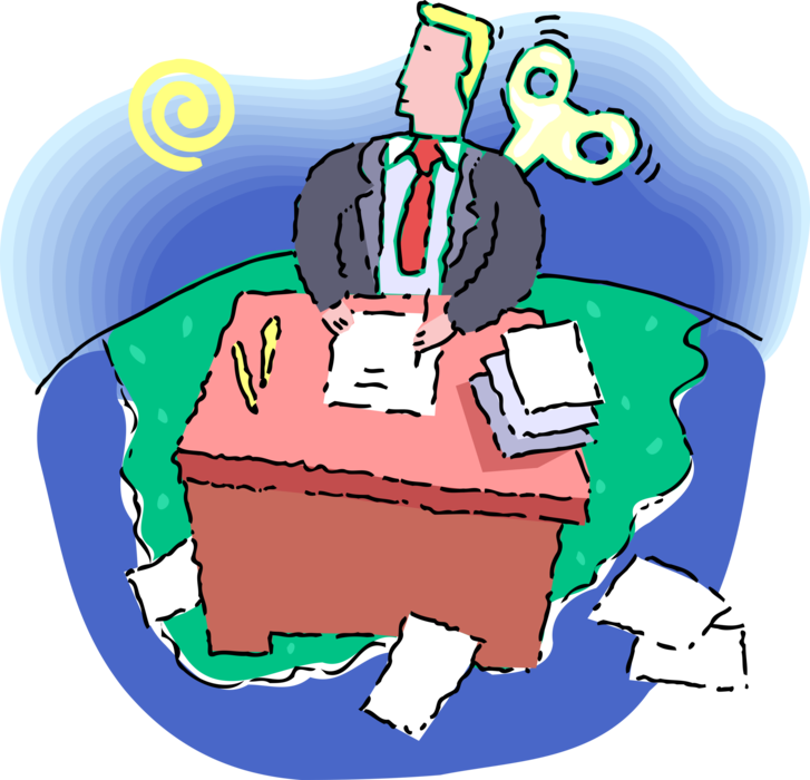 Vector Illustration of Wind Up Businessman Works at Desk with Paperwork