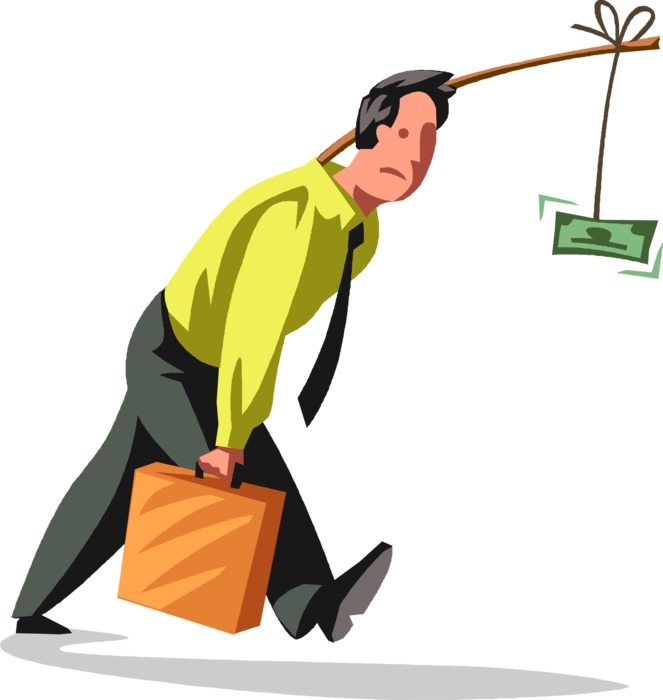 Vector Illustration of Businessman Being Lead by Cash Dollar Money Incentive Dangling from Stick