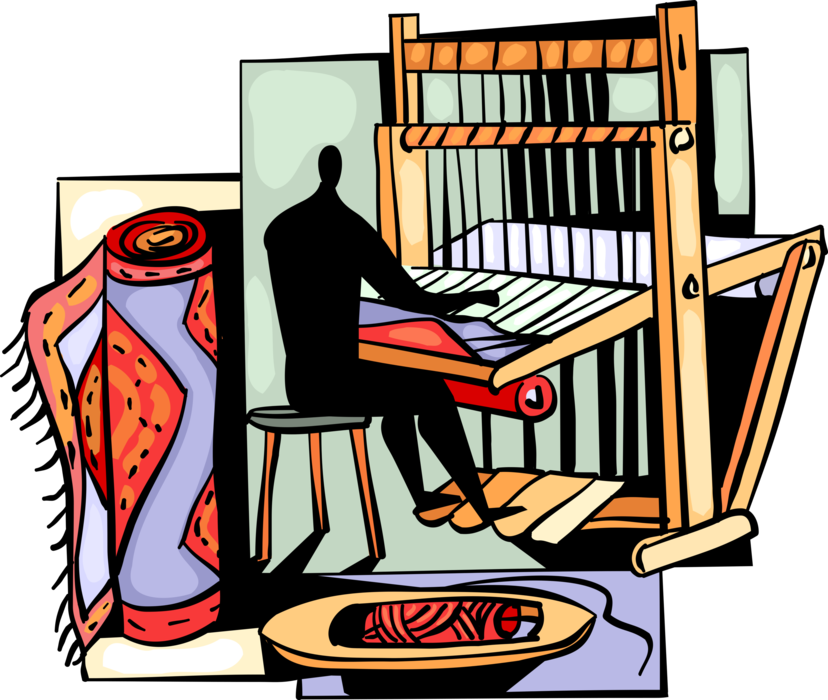 Vector Illustration of Weaver Operates Weaving Loom in Textile Factory Weaves Carpet Rug