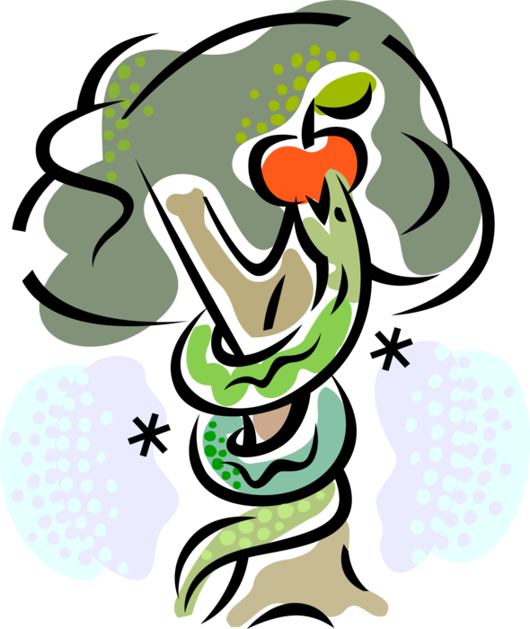 Vector Illustration of Adam and Eve Biblical Story with Snake and Forbidden Fruit Apple in Tree
