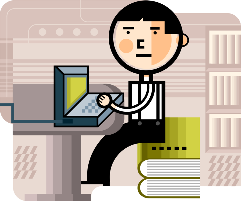Vector Illustration of Businessman Works on Computer at Office Desk Drawing on Experience and Learning Books
