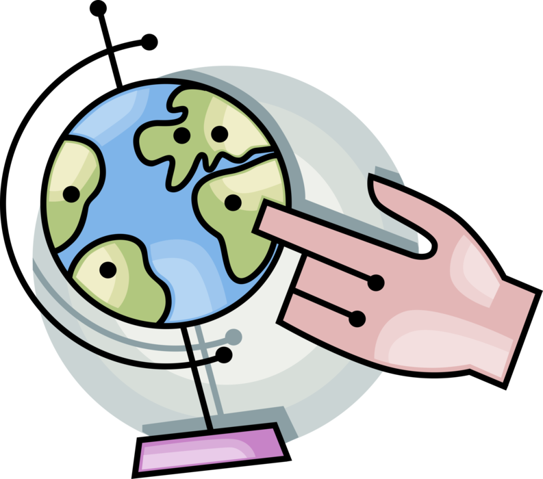 Vector Illustration of Hand Points to Three-Dimensional, Spherical, Scale Model Terrestrial Geographical World Globe