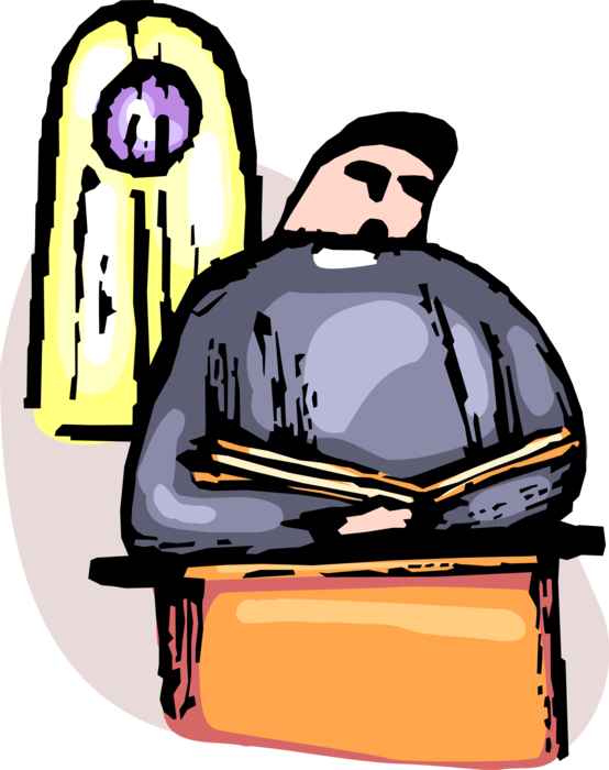 Vector Illustration of Christian Minister Priest Preaching Sermon to Church Congregation from Pulpit
