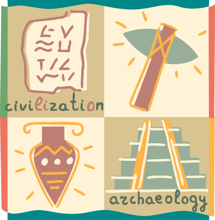 Vector Illustration of Social Science Archeology Studies Human History and Civilization with Stone Axe, Amphora Vase, Step Pyramid