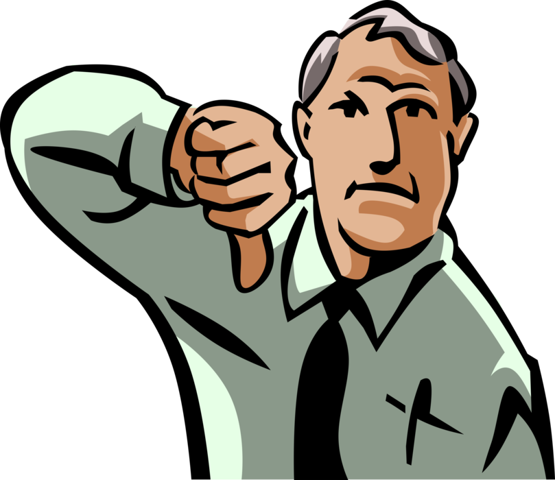 Vector Illustration of Businessman Gives Thumbs Down or Thumbs-Down Nonverbal Communication Hand Gesture Indicating Rejection or Veto