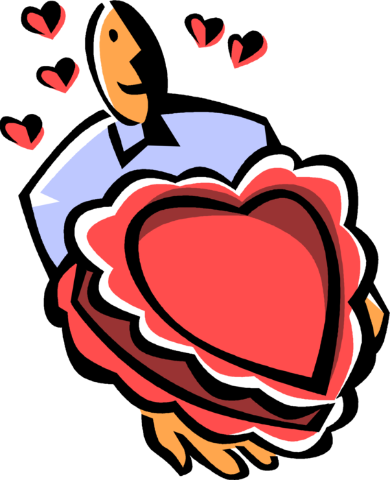Vector Illustration of Romantic Amorous Man Offers Love Heart Shaped Box of Chocolates on Valentine's Day