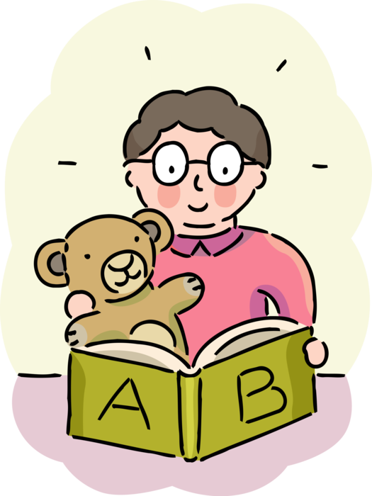 Vector Illustration of Grade School Student Learns to Read Book with Stuffed Animal Teddy Bear 